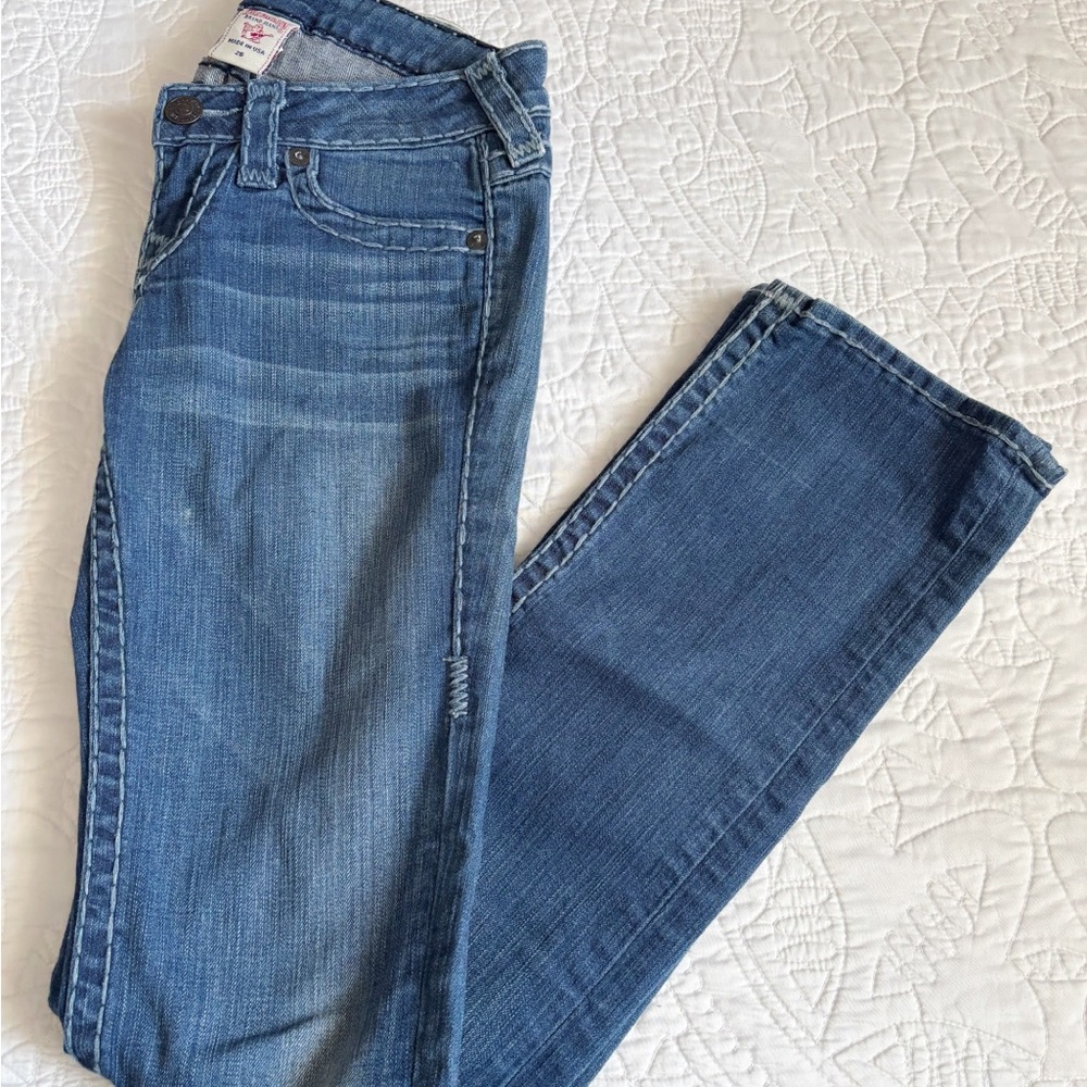 True Religion Jeans Womens 26x32 Medium Wash Straight Skinny Stretch Low Rise